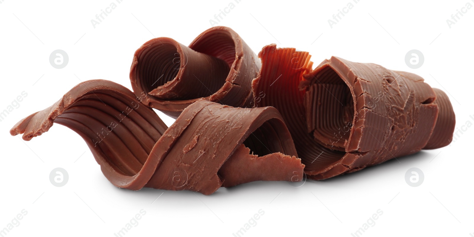 Photo of Yummy chocolate curls for decor on white background