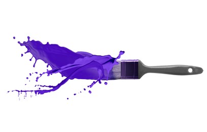 Image of Brush and splashing violet paint on white background