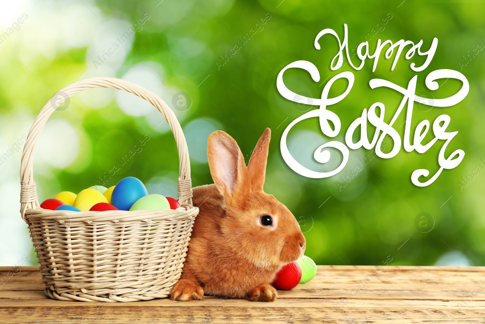 Image of Happy Easter. Adorable bunny and wicker basket with eggs on wooden table outdoors