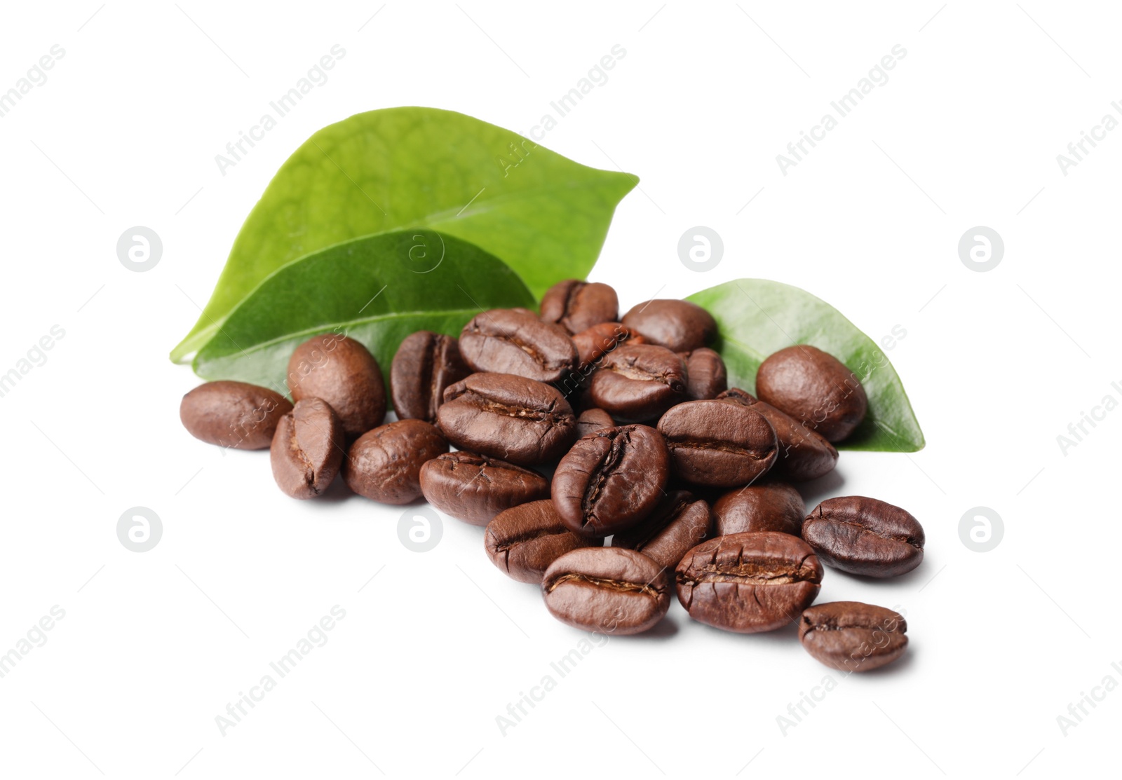 Photo of Roasted coffee beans and leaves isolated on white