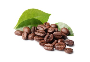 Photo of Roasted coffee beans and leaves isolated on white