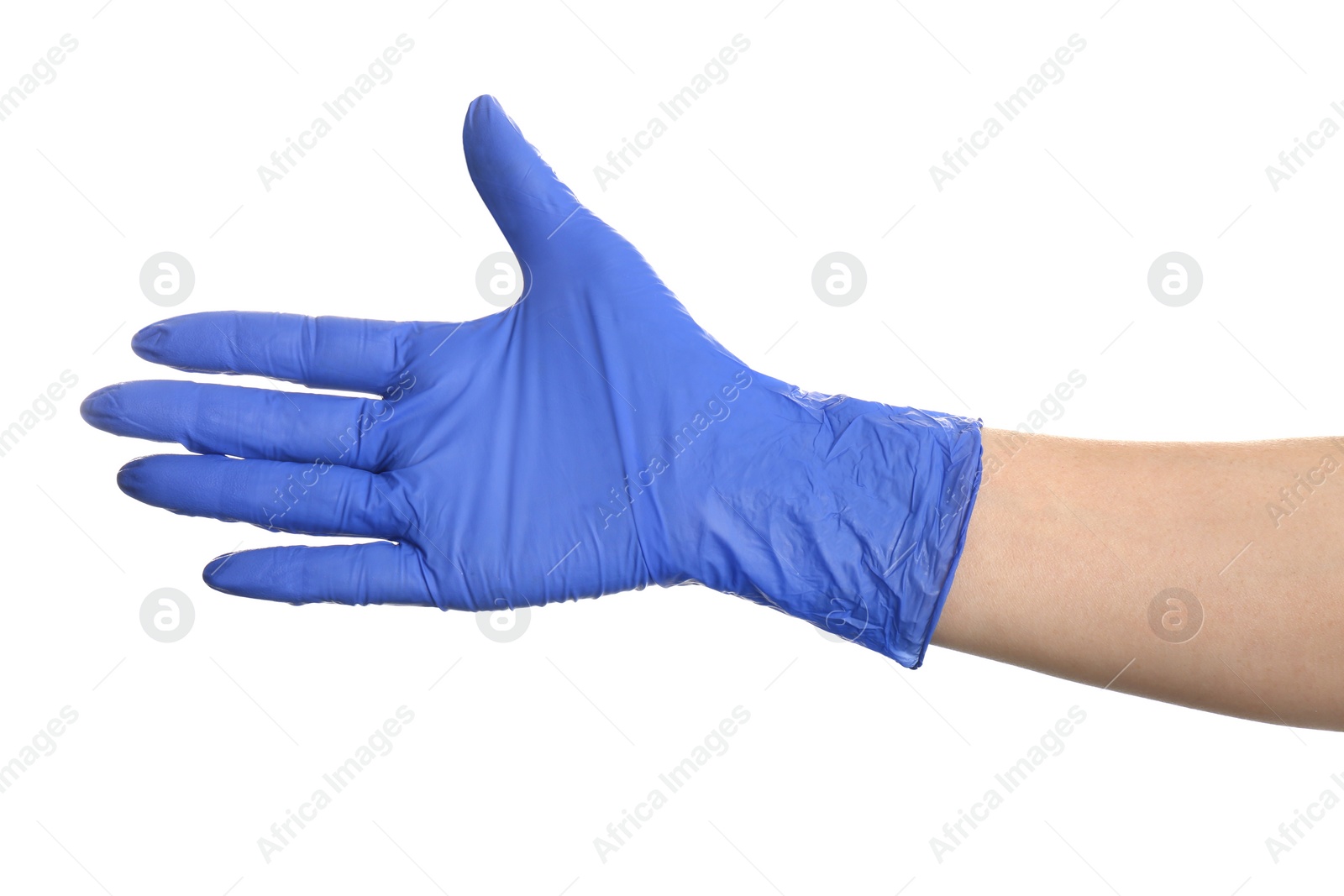 Photo of Woman in blue latex gloves on white background, closeup of hand