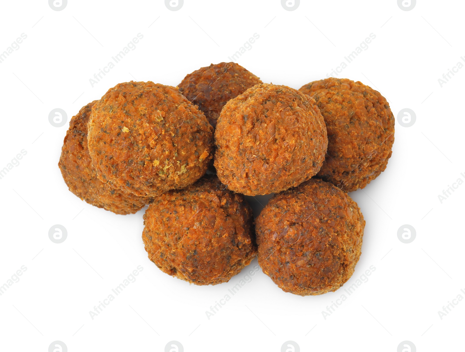 Photo of Delicious falafel balls isolated on white, top view