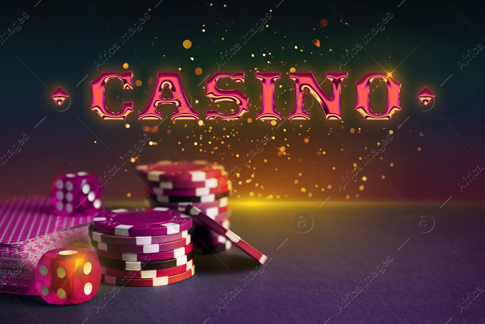 Illustration of Word Casino, poker chips, cards and dice on color background. Bokeh effect