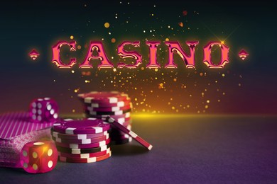 Illustration of Word Casino, poker chips, cards and dice on color background. Bokeh effect