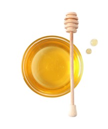 Tasty honey in bowl and dipper isolated on white, top view