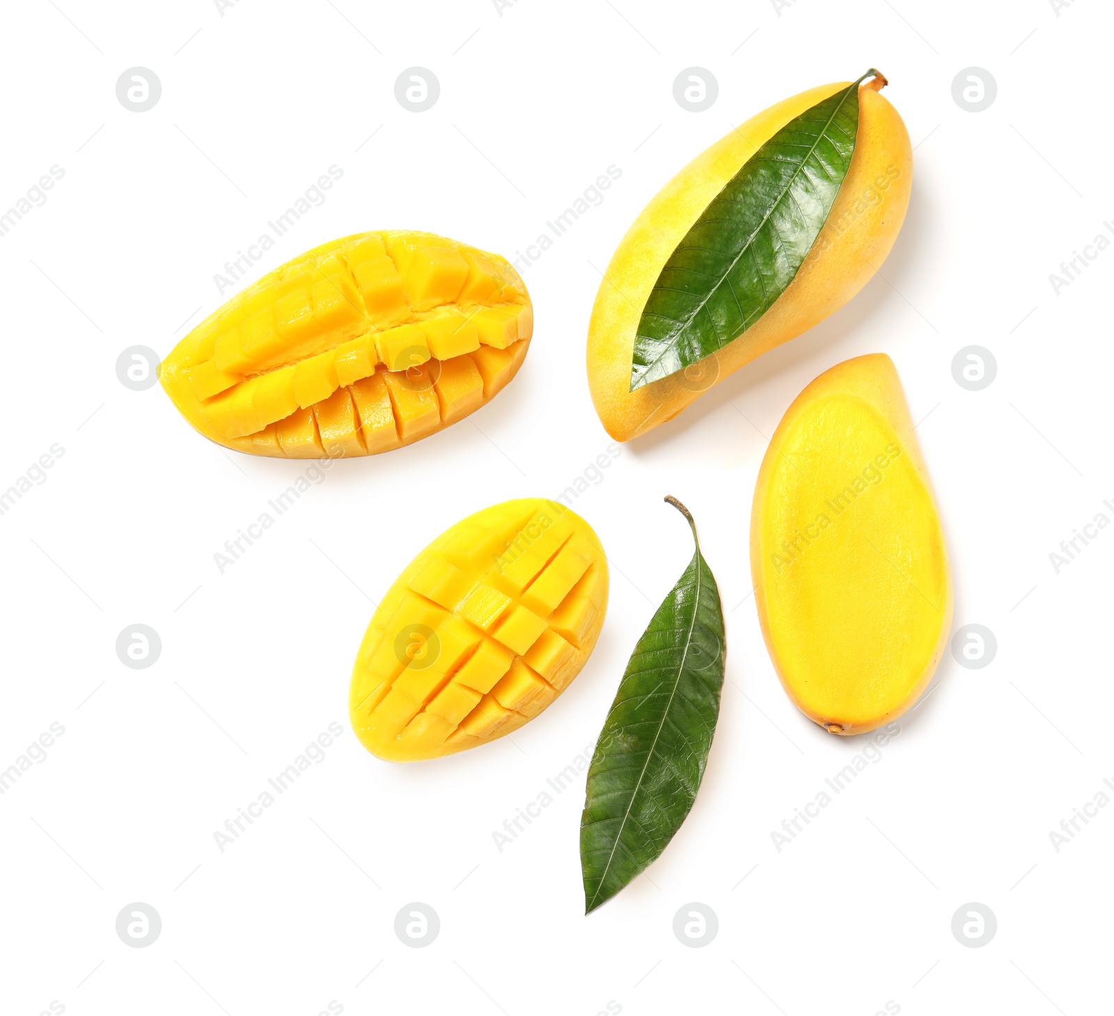 Photo of Composition with fresh mango fruits on white background, top view