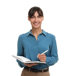 Happy secretary with notebook and pen on white background