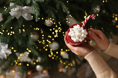 Woman holding cup of delicious Christmas cocoa with marshmallows and candy cane near fir tree, above view. Space for text