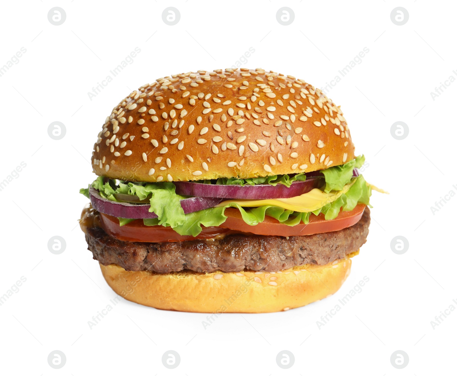 Burger with delicious patty isolated on white Photo of Burger with delicious patty isolated on white