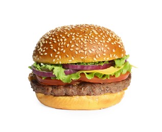 Photo of Burger with delicious patty isolated on white