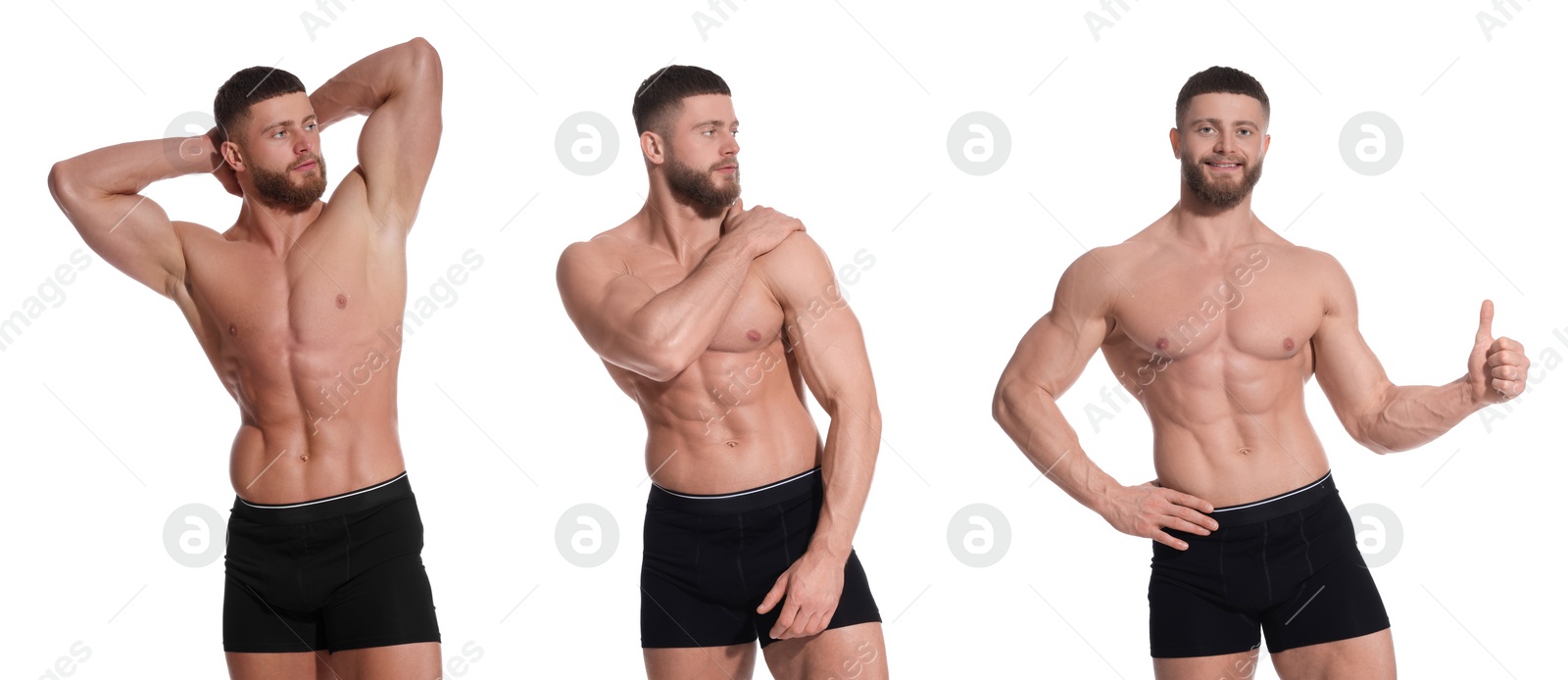 Image of Handsome man in stylish black underwear on white background, set of photos