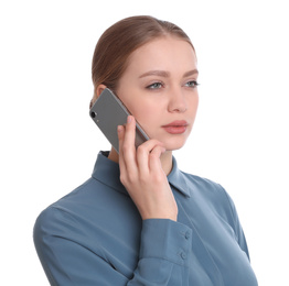 Photo of Young businesswoman talking on mobile phone against white background