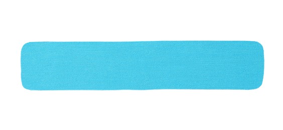Light blue kinesio tape piece on white background, top view
