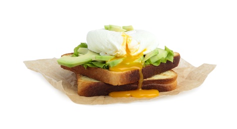 Delicious poached egg sandwich isolated on white