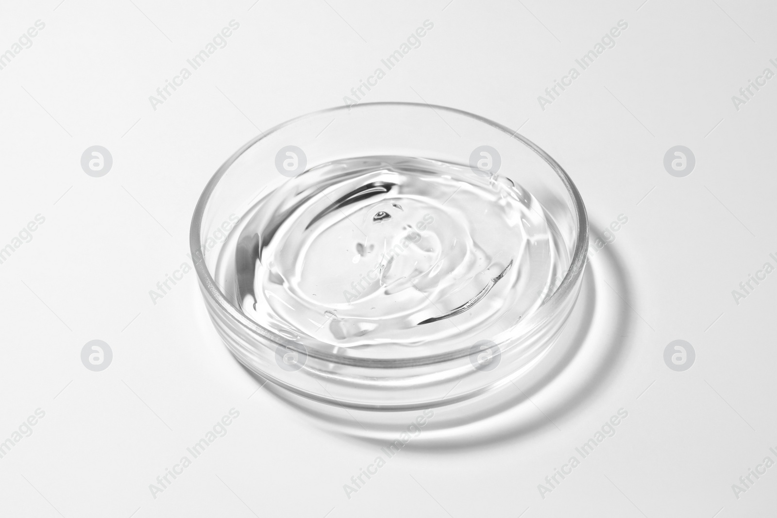 Photo of Petri dish with liquid on white background