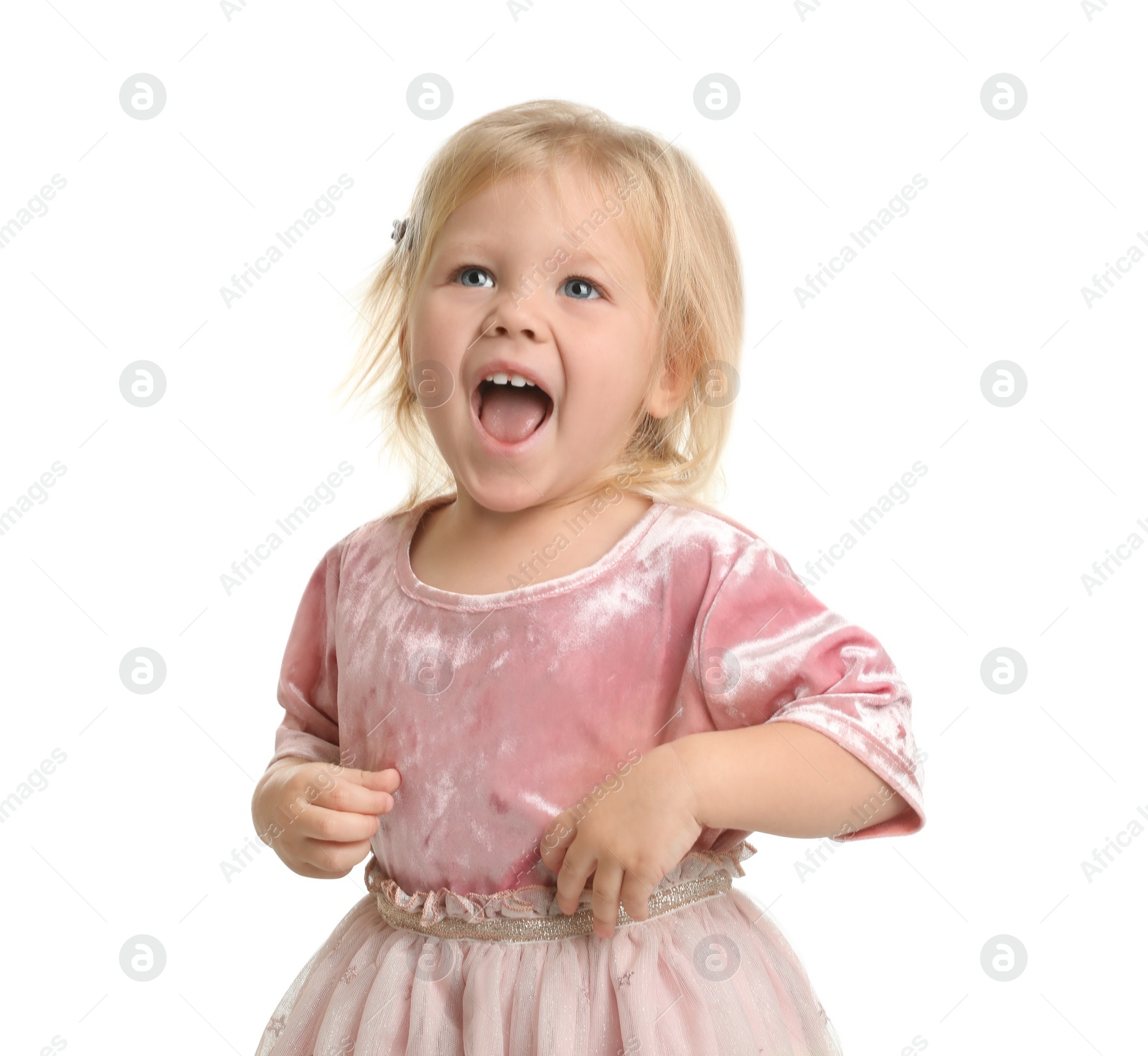 Photo of Cute little girl posing on white background