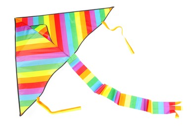 Photo of Beautiful bright rainbow kite isolated on white, top view