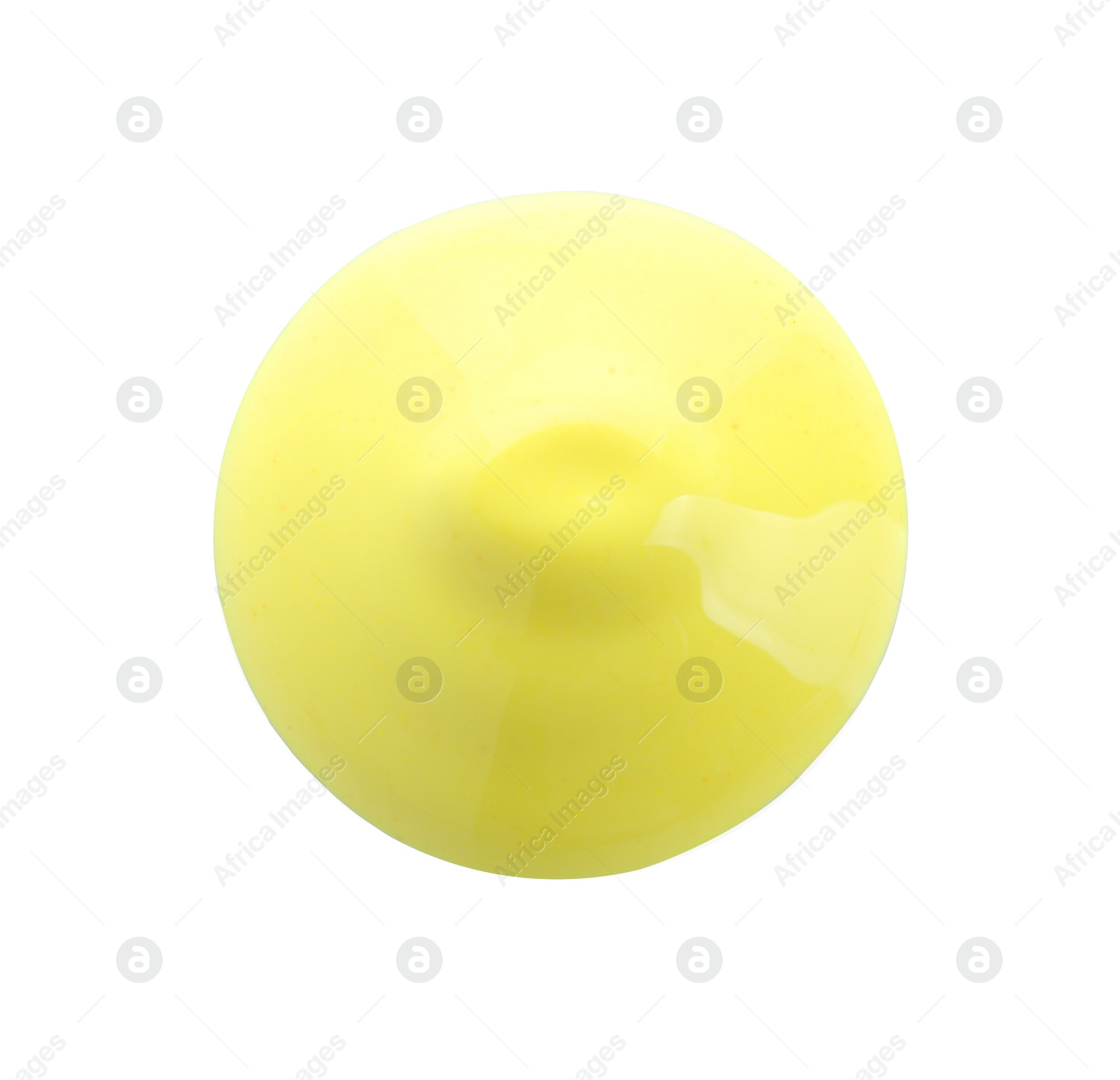 Photo of Sample of yellow paint on white background, top view