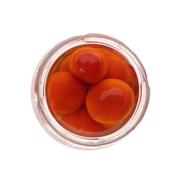 Photo of Jar of pickled tomatoes isolated on white, top view