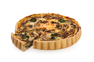 Photo of Delicious quiche with mushrooms isolated on white