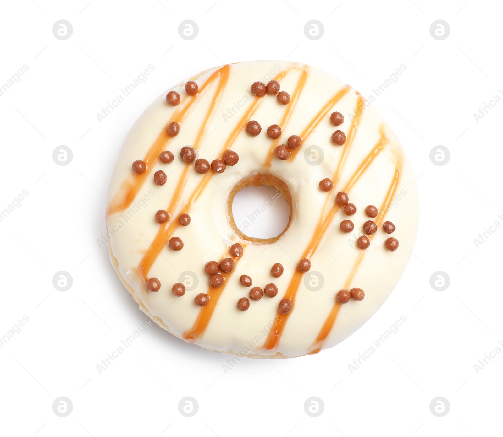 Photo of Sweet delicious glazed donut on white background, top view