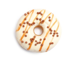 Photo of Sweet delicious glazed donut on white background, top view