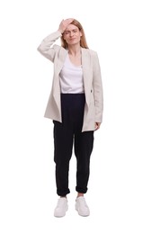 Photo of Beautiful emotional businesswoman posing on white background