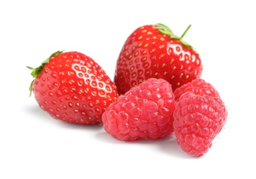 Photo of Raspberries and strawberries on white background