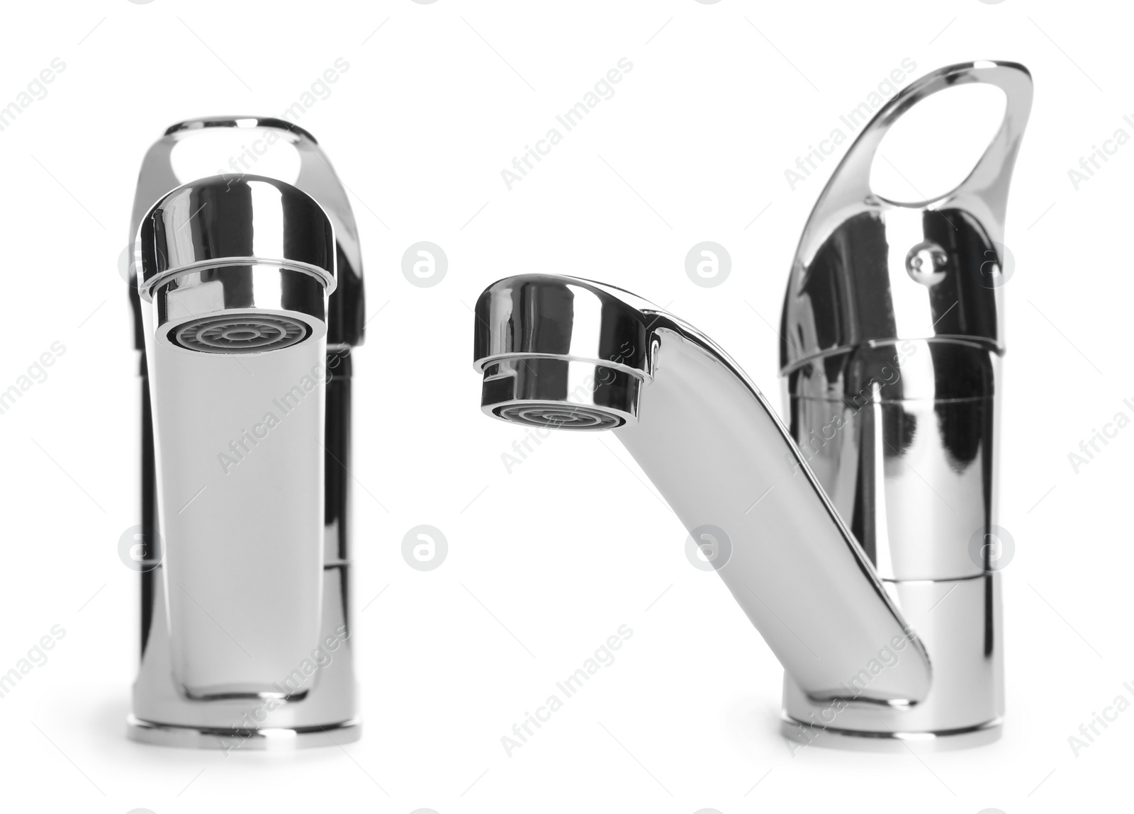 Image of New water faucets on white background, collage