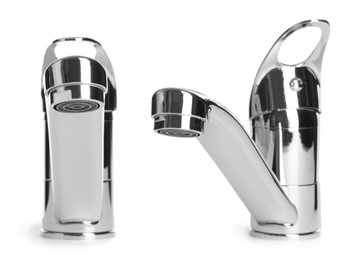 Image of New water faucets on white background, collage