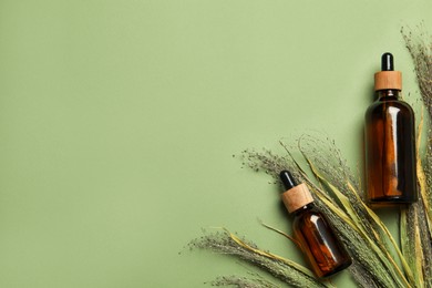 Photo of Bottles of face serum and dried flowers on light green background, flat lay. Space for text