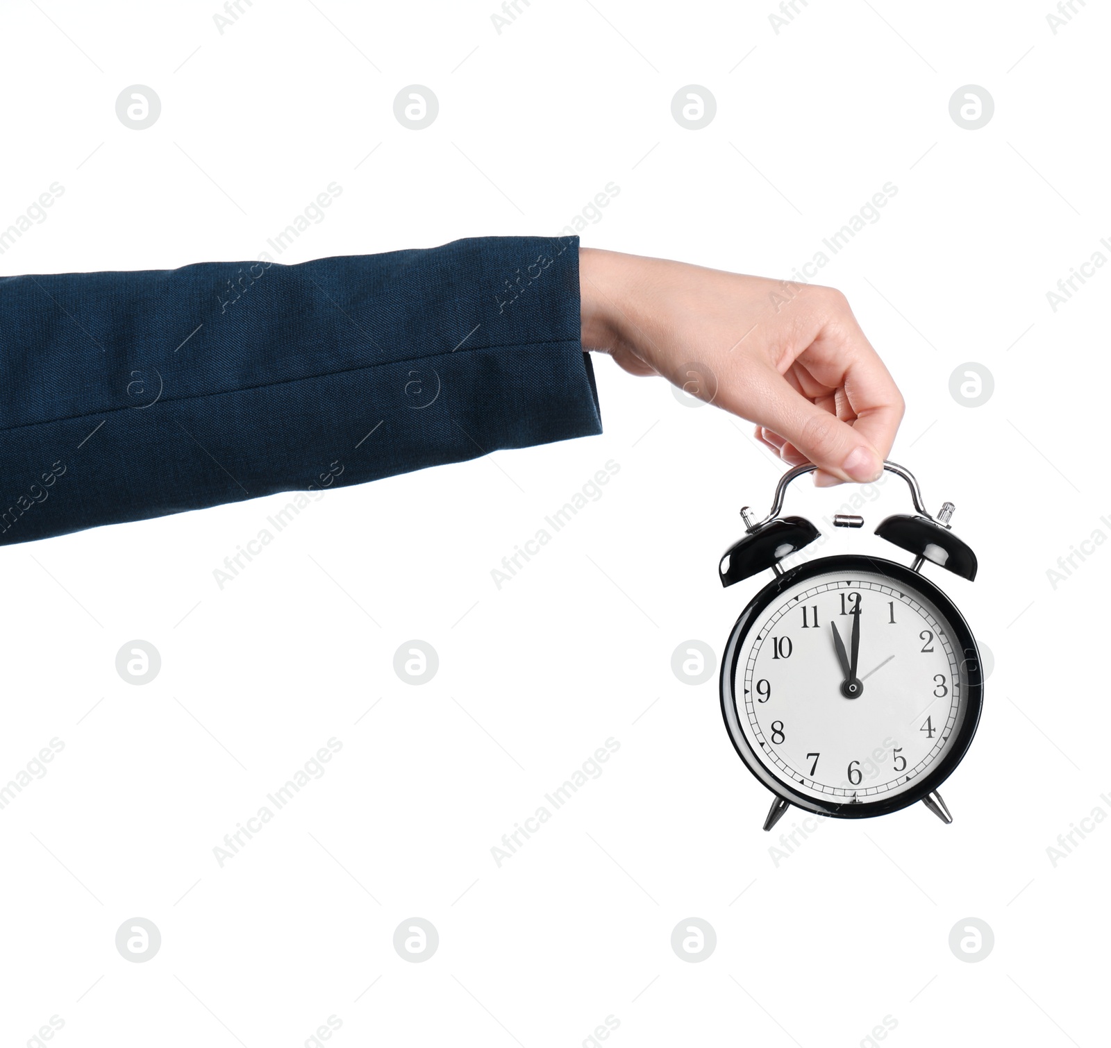 Photo of Young businesswoman holding clock on white background. Time management