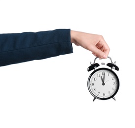 Young businesswoman holding clock on white background. Time management