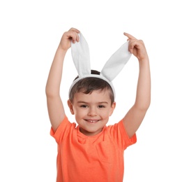 Photo of Portrait of little boy in Easter bunny ears headband on white background