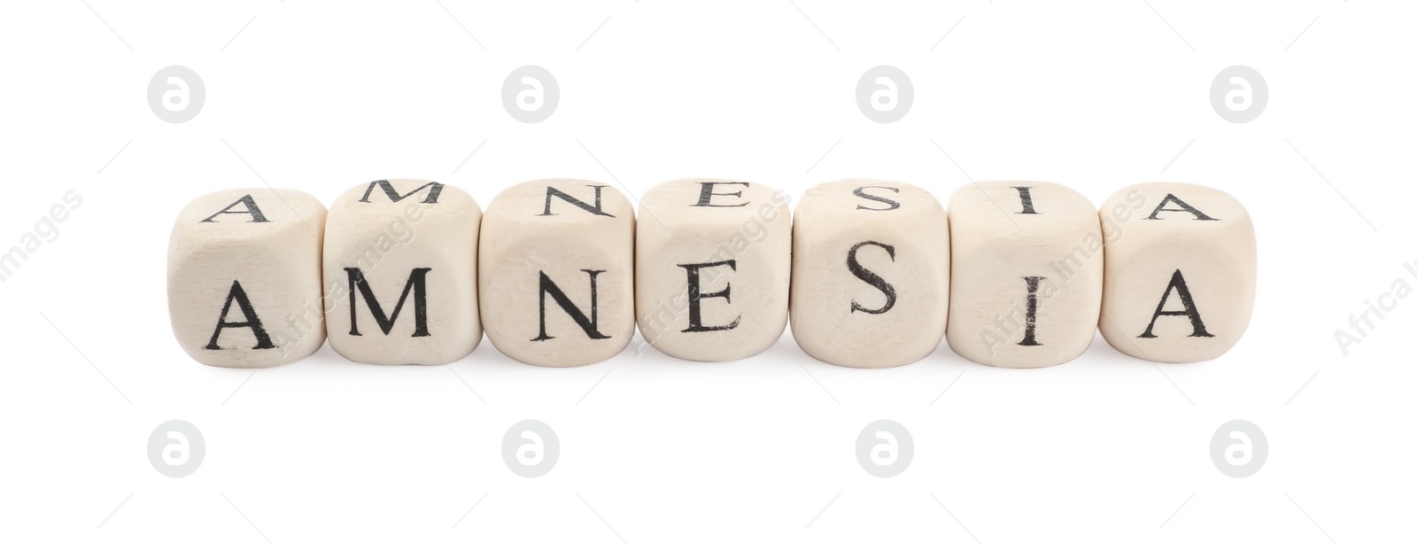 Photo of Cubes with word Amnesia on white background