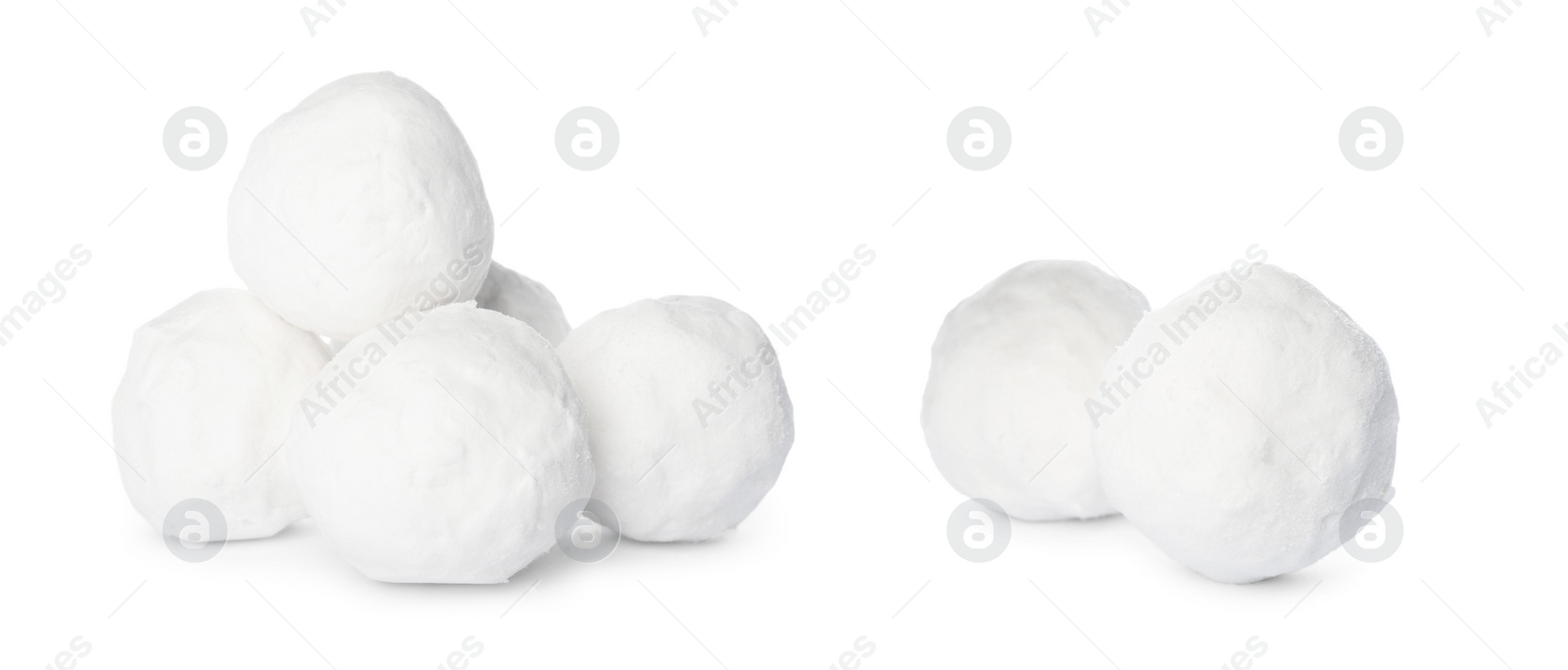 Image of Set of snowballs on white background. Banner design