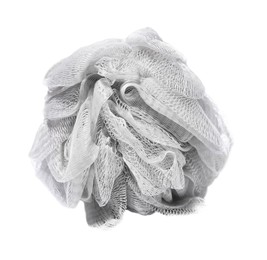 Photo of New grey shower puff isolated on white. Personal hygiene
