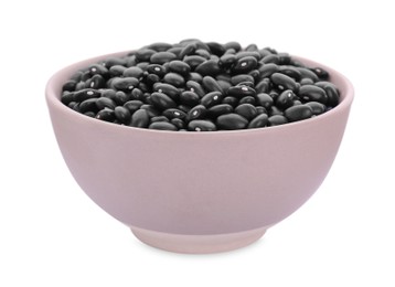 Photo of Bowl of raw black beans isolated on white