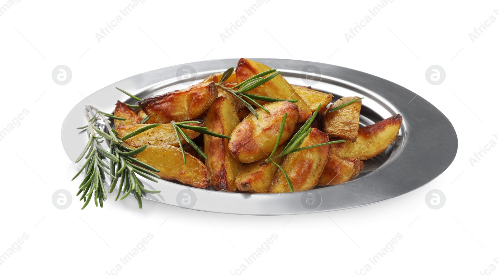 Photo of Plate with tasty baked potato and aromatic rosemary on white background