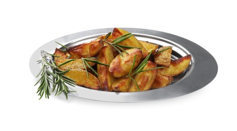 Plate with tasty baked potato and aromatic rosemary on white background