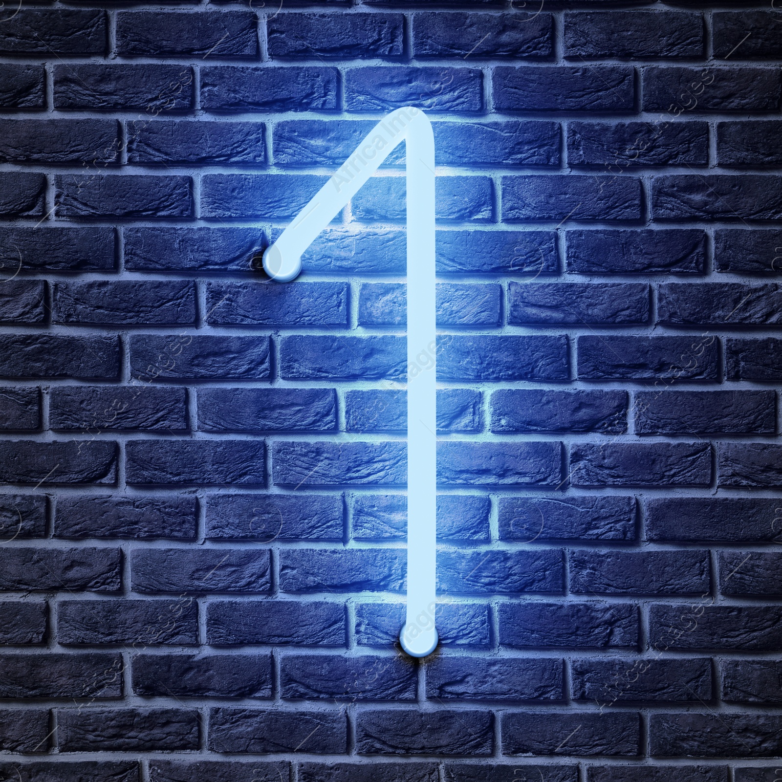 Image of Glowing neon number 1 sign on brick wall