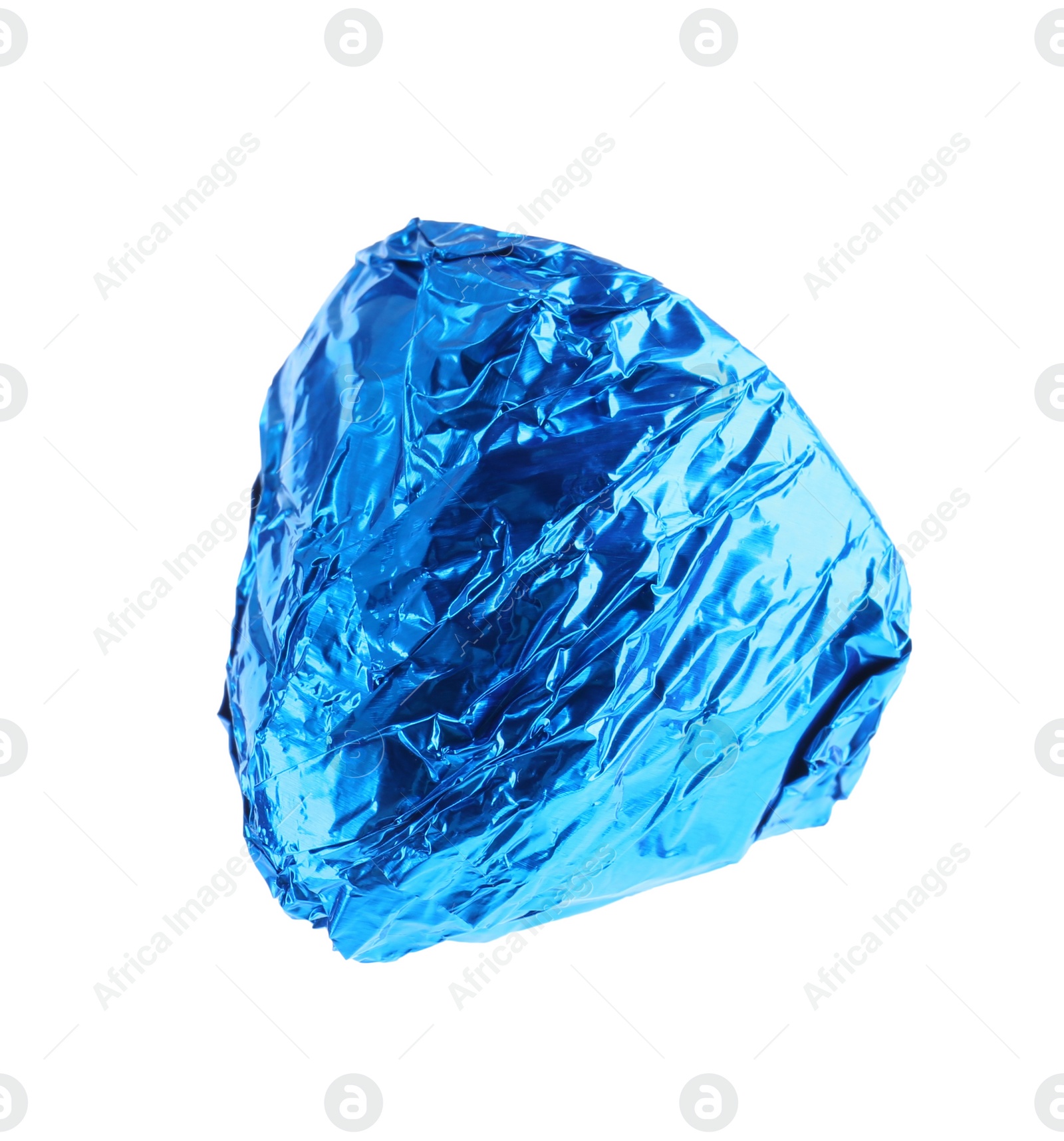 Photo of Tasty candy in blue wrapper isolated on white