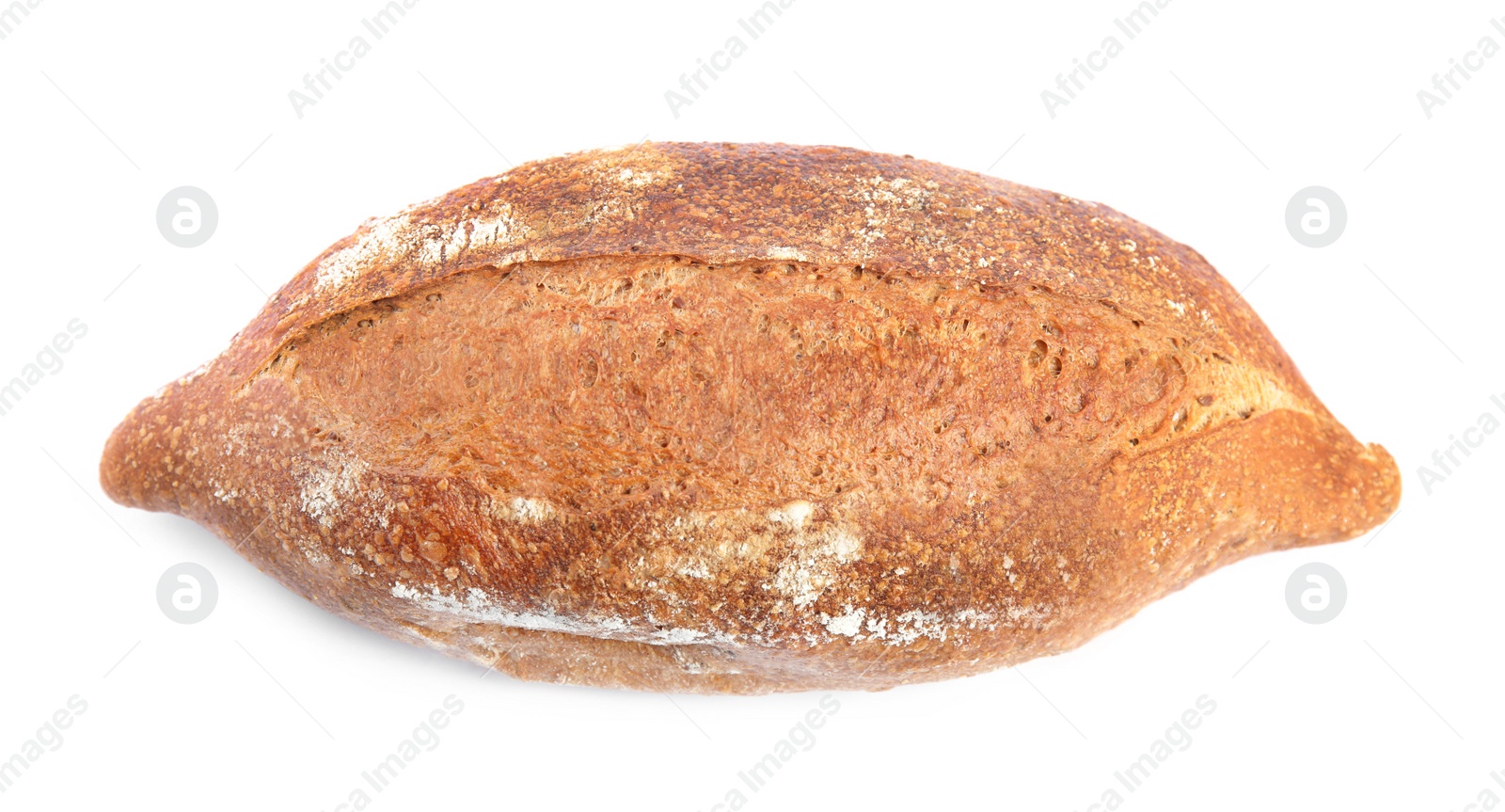 Photo of Loaf of fresh bread on white background, top view