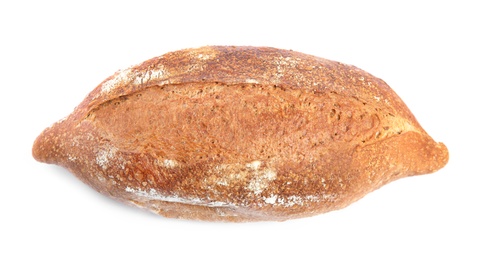 Loaf of fresh bread on white background, top view