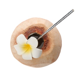 Photo of Young peeled coconut with straw and beautiful flower isolated on white, top view