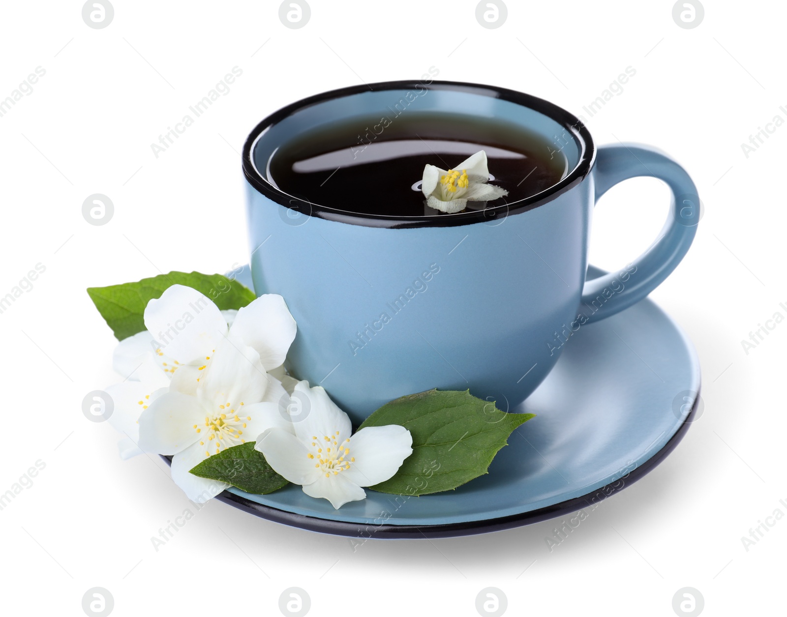 Photo of Cup of tea and fresh jasmine flowers isolated on white