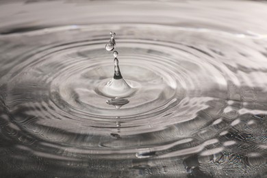 Drops falling into clear water on grey background, closeup