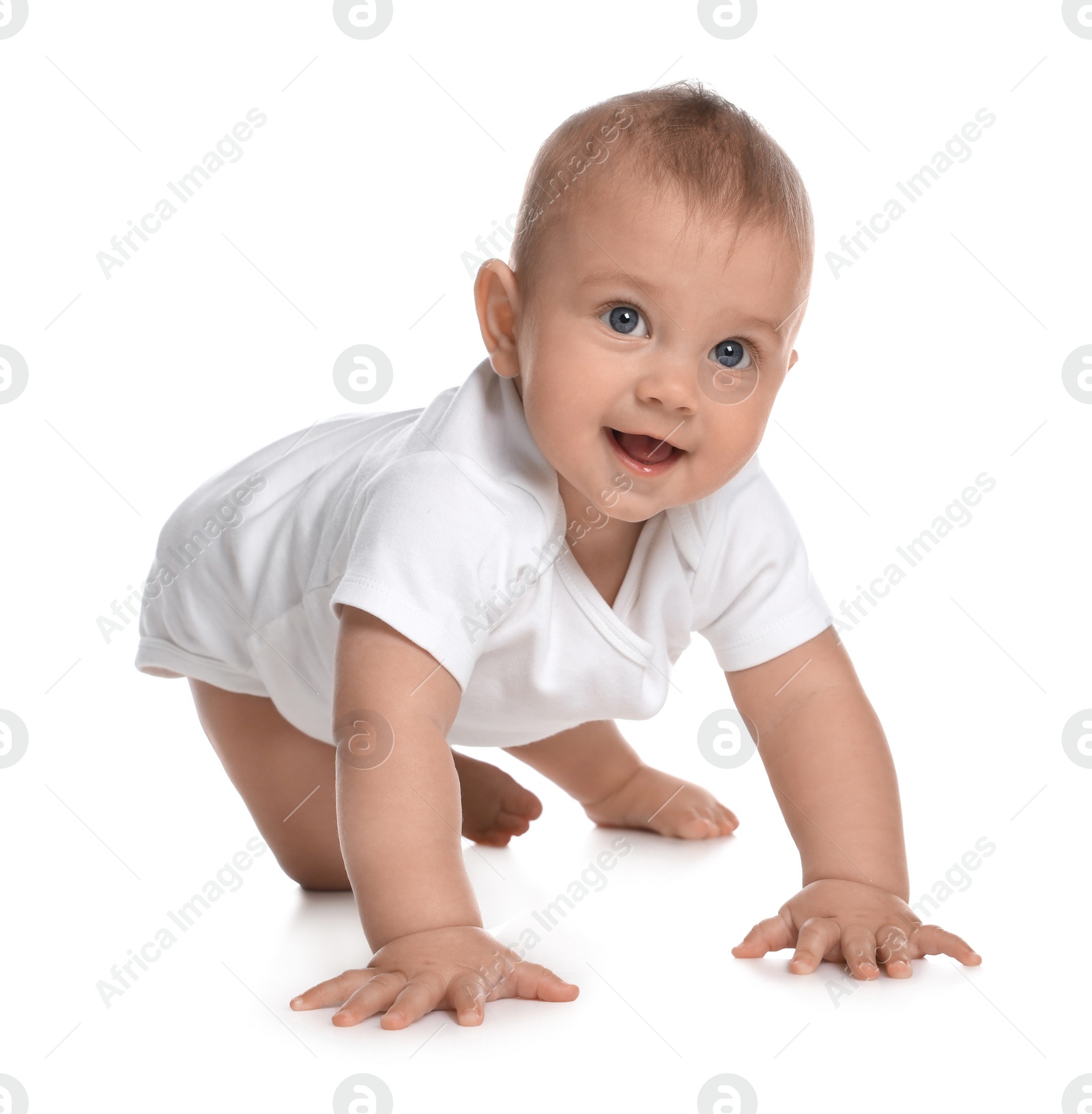 Photo of Cute little baby crawling on white background