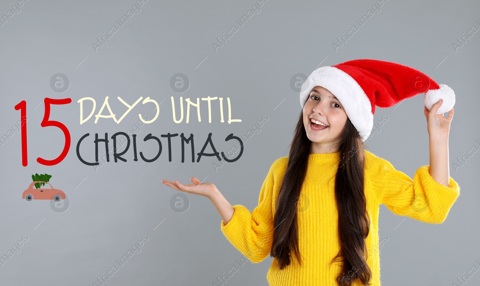 Image of Christmas countdown. Happy little girl wearing Santa hat on light grey background near text